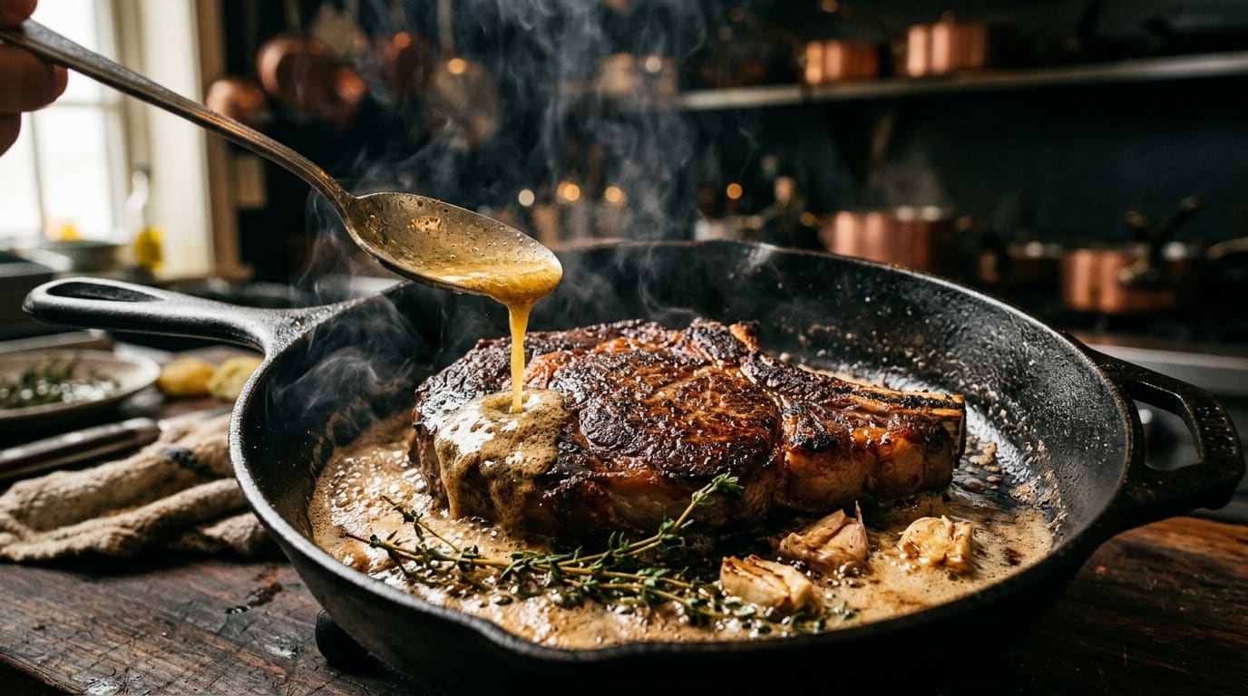 A steak in a cast iron pan being basted with foaming butter, thyme and garlic.