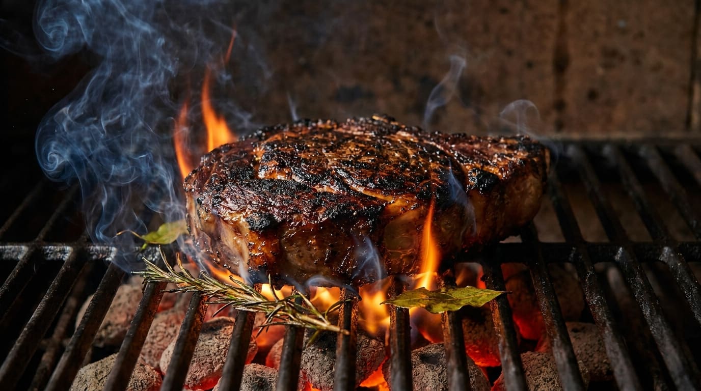 A thick steak searing over open flame, rosemary and bay smoldering beside it.