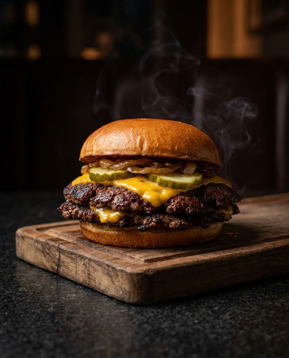A char-grilled burger with melted cheese on a toasted bun.