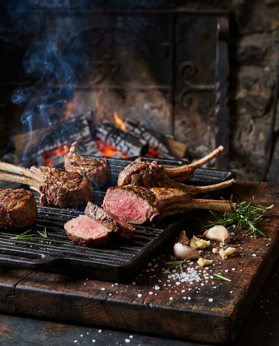 Frenched lamb chops on a grill pan with garlic, rosemary and coarse salt.