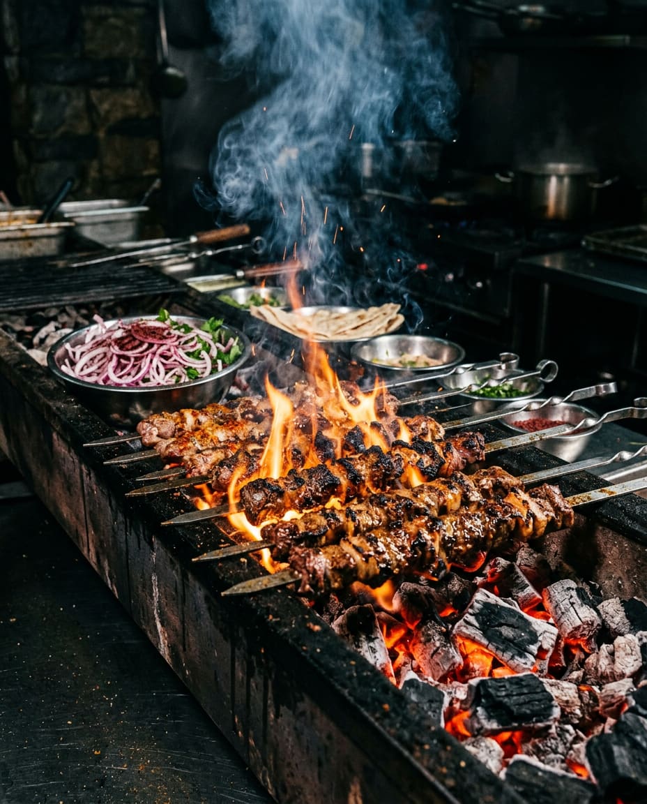 Skewers cooking over red coals with flames rising through the grill.