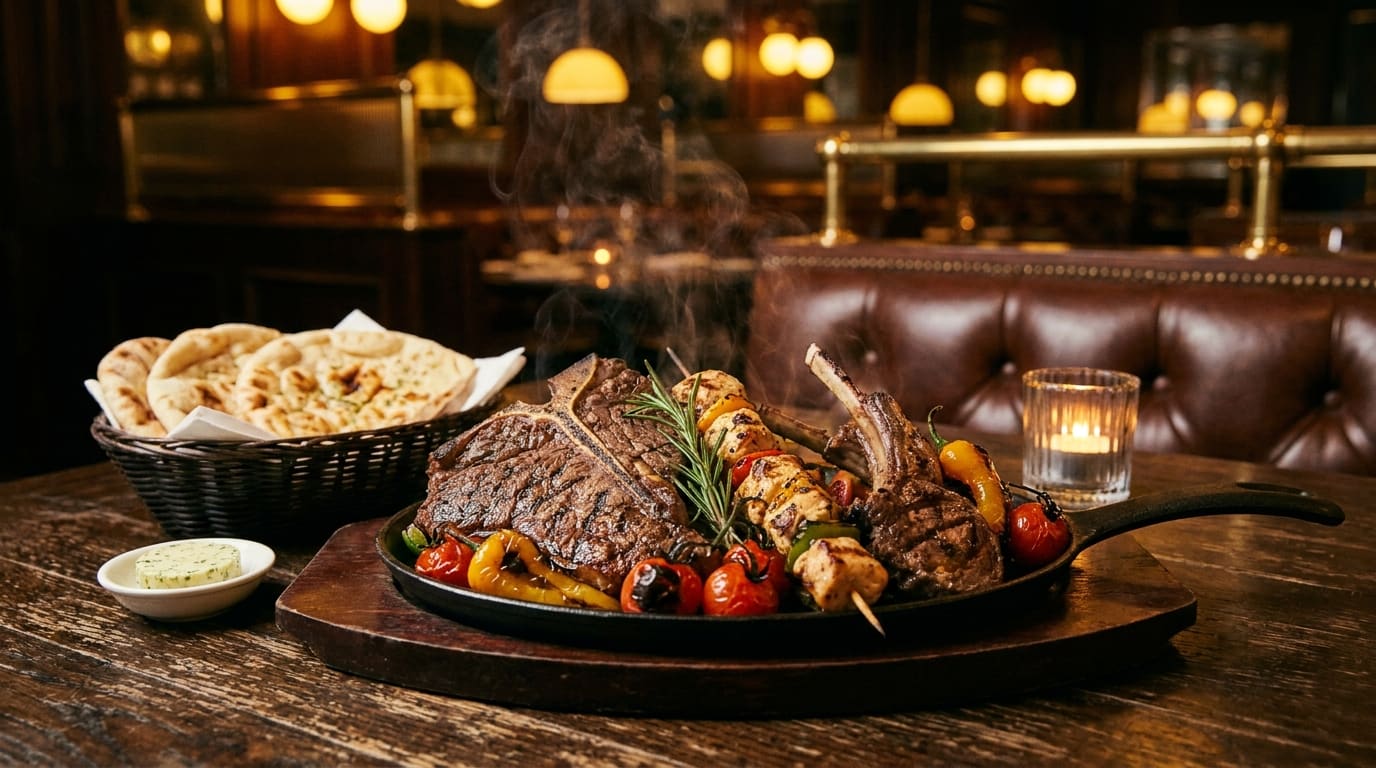 A sizzling cast iron platter of steak, skewers and chops on a restaurant table.